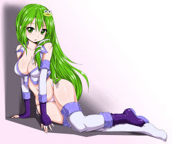 Rule 34 | 1girl, arm support, boots, breasts, cleavage, crop top, female focus, fingerless gloves, frog, gloves, green eyes, green hair, hair ornament, highres, kochiya sanae, large breasts, long hair, matching hair/eyes, md5 mismatch, panties, resolution mismatch, shiny skin, shoes, side-tie panties, single shoe, snake, solo, source smaller, thighhighs, touhou, underwear, zaxwu