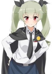 Rule 34 | 10s, 1girl, anchovy (girls und panzer), anzio school uniform, bad id, bad pixiv id, belt, black belt, black cape, black necktie, black ribbon, black skirt, cape, closed mouth, commentary, dress shirt, drill hair, emblem, girls und panzer, green hair, hair ribbon, hands on own hips, highres, kohakope, long hair, long sleeves, looking at viewer, miniskirt, necktie, red eyes, ribbon, school uniform, shirt, simple background, skirt, smile, solo, standing, twin drills, twintails, upper body, white background, white shirt, wing collar