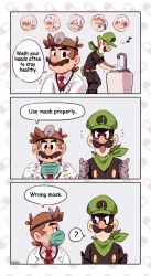 Rule 34 | 2boys, 3koma, ?, brothers, brown hair, closed mouth, comic, commentary, coronavirus pandemic, dr. mario, dr. mario (game), english commentary, english text, facial hair, gloves, green headwear, green neckwear, grey gloves, hat, highres, luigi, male focus, mario, mario (series), mask, mouth mask, mr l, multiple boys, musical note, mustache, necktie, nintendo, nowitsevenhotter, open mouth, paper mario, red neckwear, siblings, sink, super paper mario, surgical mask, thumbs up, washing, washing hands, white gloves