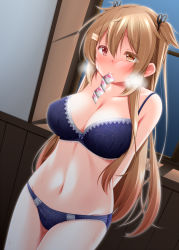 Rule 34 | 1girl, blue bra, blue panties, blush, bra, breasts, brown eyes, condom, condom in mouth, condom packet strip, condom wrapper, hair flaps, heterochromia, indoors, kantai collection, large breasts, light brown hair, long hair, mouth hold, murasame (kancolle), murasame kai ni (kancolle), narukami ginryuu, navel, panties, red eyes, solo, standing, two side up, underwear, underwear only