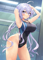 Rule 34 | 1girl, ahoge, black one-piece swimsuit, breasts, commentary request, competition swimsuit, covered navel, cowboy shot, highleg, highleg swimsuit, highres, large breasts, light purple hair, one-piece swimsuit, purple eyes, senki zesshou symphogear, showering, solo, standing, swimsuit, wada chiyon, yukine chris