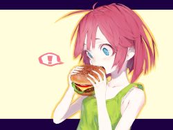 Rule 34 | !, 1girl, bare shoulders, blue eyes, bra strap, collarbone, eating, food, burger, highres, letterboxed, open mouth, original, ozyako, ozyako0, red hair, short hair, simple background, sleeveless, solo, spoken exclamation mark, tank top, upper body, wide-eyed, yellow background