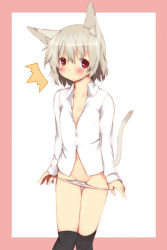 Rule 34 | 1girl, ^^^, animal ears, blush, cat ears, cat tail, flat chest, highres, majima yuki, panties, panty pull, red eyes, short hair, simple background, solo, tail, underwear, white background