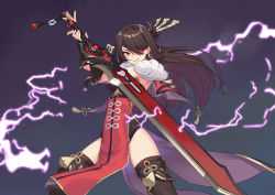 Rule 34 | 1girl, absurdres, beidou (genshin impact), black hair, commentary request, earrings, eyepatch, fighting stance, fur trim, genshin impact, gradient background, hair ornament, happy, highres, huai diao de zongzi, jewelry, lightning, long hair, looking at viewer, red eyes, smile, solo, standing, sword, thighhighs, thighs, weapon