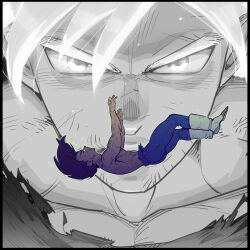 Rule 34 | 2boys, abs, ass, black border, bodysuit, border, dragon ball, dragonball z, falling, glowing, glowing eyes, highres, male focus, multiple boys, muscular, muscular male, pectoral cleavage, pectorals, projected inset, receding hairline, short hair, sideburns, son goku, spiked hair, spot color, supobi, symbolism, thick eyebrows, topless male, torn bodysuit, torn clothes, ultra instinct, vegeta