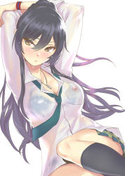 Rule 34 | 1girl, arms behind head, arms up, black hair, black socks, blush, bra, bra visible through clothes, breasts, closed mouth, collared shirt, commentary request, hair between eyes, highres, idolmaster, idolmaster shiny colors, jewelry, kneehighs, long hair, medium breasts, miniskirt, necklace, necktie, nukkoru, pleated skirt, see-through, shirase sakuya, shirt, simple background, skirt, socks, solo, thighs, underwear, very long hair, wet, wet clothes, white background, white shirt, wristband, yellow eyes