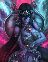 Rule 34 | 1girl, apophis (monster girl encyclopedia), art gutierrez, aura, bare shoulders, black sclera, breasts, choker, cleavage, cobra (animal), colored sclera, colored skin, earrings, energy, epic, fingernails, glowing, highres, jewelry, lamia, large breasts, lip piercing, long fingernails, long hair, looking at viewer, lots of jewelry, magic, monster girl, monster girl encyclopedia, monster girl encyclopedia ii, mouth piercing, multicolored hair, navel, navel piercing, pasties, piercing, pointy ears, purple hair, purple skin, realistic, red hair, revealing clothes, silver, solo, two-tone hair, yellow eyes