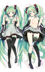 Rule 34 | 1girl, breasts, dakimakura (medium), detached sleeves, dress, green eyes, green hair, hatsune miku, headset, long hair, multiple views, navel, necktie, panties, panty pull, pussy, sheska xue, small breasts, striped clothes, striped panties, thighhighs, twintails, uncensored, underwear, very long hair, vocaloid
