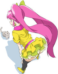 Rule 34 | 10s, 1girl, aino megumi, alternate form, asymmetrical footwear, black thighhighs, cat, cure lovely, cure lovely (lollipop hip hop), earrings, frills, from behind, full body, happinesscharge precure!, hood, hoodie, jewelry, leaning forward, long hair, mismatched footwear, pink hair, precure, shoes, skirt, smile, solo, standing, star (symbol), star earrings, thighhighs, twintails, umanosuke, white background, yellow skirt