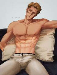 Rule 34 | 1boy, abs, absurdres, armpits, black male underwear, blonde hair, brown eyes, bulge, cowboy shot, glasses, grey pants, highres, jujutsu kaisen, large pectorals, lips, looking at viewer, male focus, male underwear, muscular, muscular male, nanami kento, nipples, nthndn, pants, parted lips, pectorals, pillow, short hair, sitting, solo, topless male, underwear