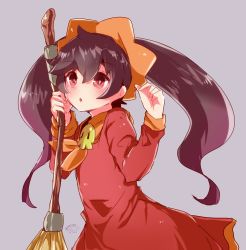 Rule 34 | 1girl, ashley (warioware), black hair, blush, brooch, broom, commentary, cowboy shot, dress, hairband, highres, jewelry, long hair, long sleeves, meiwari, nintendo, open mouth, orange hairband, red dress, red eyes, signature, skull, solo, twintails, warioware