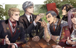 Rule 34 | 5boys, alcohol, black necktie, black sclera, blonde hair, blue eyes, book, brown eyes, brown jacket, brown vest, buzz cut, champagne, colored sclera, cup, drinking glass, formaggio, formal, green eyes, grey hair, holding, holding book, illuso, index finger raised, jacket, jewelry, jojo no kimyou na bouken, leaf, lips, long hair, mafia, mask, melone, multiple boys, neckerchief, necktie, open mouth, polo shirt, prosciutto, red eyes, red jacket, red necktie, ring, risotto nero, shinomaru, short hair, sleeves rolled up, table, teeth, vento aureo, very short hair, vest, white neckerchief, wine, wine glass