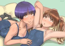 Rule 34 | 2girls, armpits, arms up, ayumu (zenkou), blush, breast rest, breasts, brown eyes, brown hair, chitose (zenkou), cleavage, dated, green background, looking afar, looking at viewer, lying, medium breasts, multiple girls, on back, one-piece swimsuit, original, parted lips, pillow, purple hair, school swimsuit, shiny skin, short hair, simple background, small breasts, smile, socks, swimsuit, tan, twintails, zenkou
