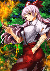 Rule 34 | 1girl, bow, breasts, chain, female focus, fire, fujiwara no mokou, hair bow, hair ribbon, hand in pocket, large breasts, long hair, looking at viewer, open mouth, pants, red eyes, ribbon, shirt, short sleeves, silver hair, smile, solo, spell card, suspenders, torn clothes, torn sleeves, touhou, tress ribbon, umigarasu (kitsune1963), very long hair