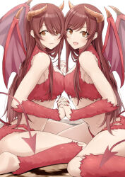 Rule 34 | 2girls, blush, breast press, breasts, brown hair, closed mouth, crop top, cropped shirt, demon girl, demon horns, demon tail, demon wings, detached sleeves, dot nose, face-to-face, fake horns, fake tail, fake wings, fingernails, hair between eyes, highres, holding hands, horns, idolmaster, idolmaster shiny colors, interlocked fingers, jk ssma, long hair, looking at viewer, medium breasts, midriff, multiple girls, navel, open mouth, osaki amana, osaki tenka, red hair, red nails, red shirt, red shorts, red sleeves, sharp fingernails, shirt, shorts, siblings, sideboob, simple background, sisters, sitting, sleeveless, sleeveless shirt, smile, swept bangs, symmetrical docking, tail, toeless legwear, torn clothes, torn shorts, twins, wariza, white background, wings, yellow eyes