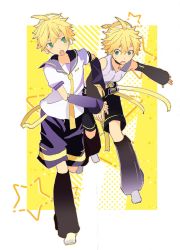 Rule 34 | 2boys, arm warmers, bass clef, belt, black collar, black legwear, black shorts, black sleeves, blonde hair, border, collar, collared shirt, commentary, d futagosaikyou, detached sleeves, dual persona, green eyes, headphones, highres, holding another&#039;s arm, kagamine len, kagamine len (append), leg warmers, male focus, multiple boys, necktie, open mouth, pendant choker, pulling, pulling another&#039;s clothes, running, sailor collar, school uniform, shirt, short ponytail, shorts, sleeveless, sleeveless shirt, spiked hair, standing, star (symbol), v-shaped eyebrows, vocaloid, vocaloid append, white border, white shirt, wide-eyed, yellow background, yellow neckwear