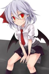 Rule 34 | 1girl, akisome hatsuka, alternate costume, arm support, bat wings, blouse, clothes around waist, contemporary, dress shirt, fang, fang out, light purple hair, miniskirt, pleated skirt, pointy ears, red eyes, remilia scarlet, shirt, sitting, sketch, skirt, smile, solo, sweater, sweater around waist, swimsuit, touhou, uniform, wings