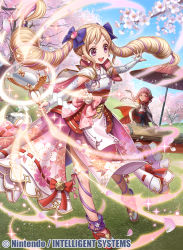 Rule 34 | 2girls, black bow, blonde hair, blue sky, bow, cherry blossoms, closed mouth, company name, copyright name, dress, earrings, elise (fire emblem), fire emblem, fire emblem cipher, fire emblem fates, fumi (butakotai), grass, hair bow, hairband, holding, holding staff, instrument, japanese clothes, jewelry, koto (instrument), long hair, multicolored hair, multiple girls, nintendo, official art, open mouth, outdoors, petals, pink eyes, pink hair, purple eyes, sakura (fire emblem), short hair, sky, staff, tree, twintails, umbrella, white hairband