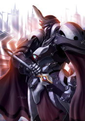 Rule 34 | absurdres, black cape, cape, commentary, english commentary, fantasy, from side, gio tengco, highres, holding, holding sword, holding weapon, looking ahead, mecha, no humans, original, robot, sheath, solo, sword, unsheathing, weapon