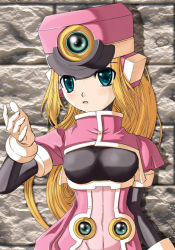 Rule 34 | 1girl, blonde hair, blue eyes, blush, bodystocking, breasts, coat, female focus, framed breasts, gloves, hat, long hair, looking to the side, medium breasts, mega man (series), mega man zx, pink coat, prairie (mega man), puffy short sleeves, puffy sleeves, shako cap, short sleeves, solo, upper body, white gloves, yakouhai