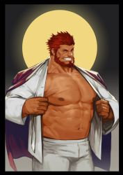 Rule 34 | 1boy, abs, absurdres, alternate costume, bara, bare pectorals, beard, cowboy shot, facial hair, fate/grand order, fate/zero, fate (series), highres, iskandar (fate), jacket, large pectorals, male focus, moon, muscular, navel, nipples, open clothes, open jacket, pants, pectorals, red eyes, red hair, short hair, smile, solo, thick thighs, thighs, traver009, white pants