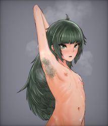 Rule 34 | 1girl, armpit hair, armpits, blush, breasts, collarbone, completely nude, flat chest, green eyes, green hair, highres, hiyajou maho, iriri, long hair, messy hair, navel, nipples, nude, ribs, skinny, small breasts, smell, solo, steam, steins;gate, steins;gate 0, sweat, sweatdrop, thick eyebrows