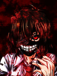 Rule 34 | 1girl, benizuwai, black sclera, blood, blood on clothes, blood on hands, bow, brown hair, colored sclera, grin, hair bow, highres, looking at viewer, mask, necktie, no headwear, parody, red bow, red eyes, red necktie, shirt, short hair, smile, solo, tokyo ghoul, touhou, usami renko, white shirt