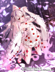 Rule 34 | 1girl, black choker, blurry, blurry background, bow, bug, butterfly, choker, claw pose, detached sleeves, dress, extra eyes, grey hair, hair bow, highres, insect, long hair, looking at viewer, monster girl, official art, petals, red eyes, sakofu, solo, white dress, z/x