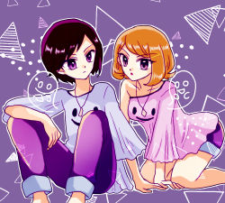Rule 34 | 1boy, 1girl, abstract background, all fours, asymmetrical bangs, asymmetrical clothes, blonde hair, breasts, calem (pokemon), creatures (company), feet out of frame, game freak, hibikileon, jewelry, nintendo, pants, pendant, pink shirt, pokemon, pokemon adventures, purple background, purple eyes, purple pants, purple shorts, purple theme, serena (pokemon), shirt, short hair, shorts, sitting, small breasts