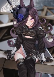Rule 34 | 1girl, 2b (nier:automata), 2b (nier:automata) (cosplay), absurdres, animal ears, arms at sides, black dress, black footwear, black gloves, black hair, black hat, blue flower, blue rose, blurry, blurry background, blush, boots, breasts, cleavage cutout, closed mouth, clothing cutout, cosplay, depth of field, dress, feet out of frame, flower, gloves, groin, hair over one eye, hat, hat flower, highleg, highleg leotard, highres, horse ears, horse girl, huge weapon, leotard, leotard under clothes, long hair, long sleeves, looking at viewer, nier:automata, nier (series), pelvic curtain, purple eyes, rice shower (umamusume), rose, sitting, small breasts, smile, solo, sword, tatsumi yashiro, thigh boots, umamusume, very long hair, weapon, weapon on back, white leotard
