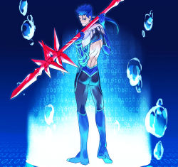 Rule 34 | 10s, 1boy, back cutout, backless outfit, blue hair, bodysuit, clothing cutout, cu chulainn (fate), cu chulainn (fate/extra), cu chulainn (fate/stay night), earrings, fate/extra, fate/stay night, fate (series), from behind, gae bolg (fate), jewelry, kon manatsu, long hair, male focus, official alternate costume, polearm, ponytail, red eyes, sexy44, solo, spear, weapon