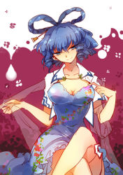 Rule 34 | 1girl, blue dress, blue eyes, blue hair, breasts, cleavage, collarbone, come hither, crossed legs, dress, dress tug, female focus, floral print, hair ornament, hair rings, hair stick, half-closed eyes, head tilt, kaku seiga, large breasts, looking at viewer, matching hair/eyes, open clothes, open vest, shawl, short hair, short sleeves, simple background, sitting, smile, solo, touhou, vest, yetworldview kaze