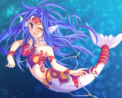 Rule 34 | 1girl, ;d, armor, bare shoulders, blue eyes, blue hair, bracer, breastplate, choker, commentary request, duel monster, fins, full body, head fins, long hair, looking at viewer, mermaid, mermail abysslinde, monster girl, navel, one eye closed, open mouth, smile, solo, submerged, takkayuuki, underwater, yu-gi-oh!
