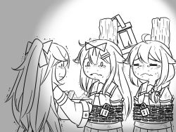 Rule 34 | 3girls, ahoge, bound, chain, chained, closed eyes, commentary, eating, flying sweatdrops, food, food on face, greyscale, guin guin, hair flaps, hair ornament, hairclip, kantai collection, lock, long hair, monochrome, multiple girls, neckerchief, remodel (kantai collection), sailor collar, school uniform, serafuku, shigure (kancolle), tied up (nonsexual), yamakaze (kancolle), yuudachi (kancolle)