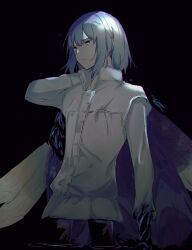 Rule 34 | 1boy, arm behind head, black background, black pants, blue eyes, buttons, chromatic aberration, closed mouth, dragonfly wings, dress shirt, eiki (eikityou 55), fate/grand order, fate (series), frilled shirt collar, frills, frown, fur trim, grey hair, hair between eyes, highres, long sleeves, looking ahead, male focus, oberon (fate), oberon (third ascension) (fate), pants, shirt, short hair, solo, white shirt