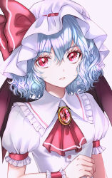 Rule 34 | 1girl, ascot, bat wings, blue hair, brooch, commentary request, dress, frilled shirt collar, frills, hair between eyes, hat, hat ribbon, highres, jewelry, looking at viewer, mob cap, parted lips, puffy short sleeves, puffy sleeves, red ascot, red eyes, red ribbon, remilia scarlet, ribbon, rosette (roze-ko), short hair, short sleeves, simple background, solo, touhou, upper body, white background, white dress, white hat, wings, wrist cuffs