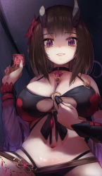 Rule 34 | 1girl, absurdres, between breasts, bikini, black bikini, black choker, breasts, broken horn, brown hair, choker, claw ring, commentary request, condom, condom wrapper, demon horns, eriko (princess connect!), eriko (summer) (princess connect!), flower, grin, hair flower, hair ornament, halterneck, hands up, heart, highres, holding, holding condom, horns, indoors, large breasts, long hair, long sleeves, looking at viewer, multi-strapped bikini bottom, multi-strapped bikini top, navel, o-ring, o-ring top, princess connect!, purple eyes, red flower, smile, solo, stomach, swimsuit, test tube, torriet, upper body, vial