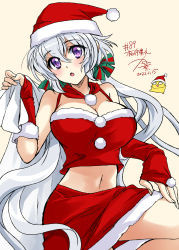 Rule 34 | 1girl, 2022, artist self-insert, bag, blush, breasts, christmas, cleavage, dated, hat, highres, holding, holding bag, kanna (plum), large breasts, long hair, looking at viewer, low twintails, numbered, open mouth, painttool sai (medium), purple eyes, santa costume, santa hat, senki zesshou symphogear, signature, simple background, solo, twintails, white hair, yukine chris