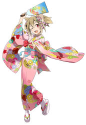 Rule 34 | 1girl, animal ears, arm up, blush, bow, brown hair, cat ears, floral print, flower, full body, furisode, hair between eyes, hair flower, hair ornament, holding, japanese clothes, kimono, long sleeves, looking at viewer, obi, official art, one eye closed, outstretched arm, outstretched hand, paddle, platform footwear, red bow, red eyes, round teeth, sandals, sash, short hair, silica, solo, sword art online, tabi, teeth, wide sleeves