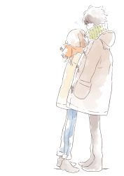 Rule 34 | 1boy, 1girl, absurdres, arms at sides, breath, brown hair, coat, colored skin, couple, denim, duffel coat, enpera, eye contact, from side, hands in pockets, height difference, hetero, highres, hood, hood down, itunohika, jeans, light brown hair, long hair, long sleeves, looking at another, negative space, original, pants, pants rolled up, pocket, profile, scarf, scarf over mouth, simple background, standing, tareme, tiptoes, white background, white skin