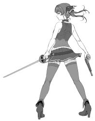Rule 34 | 1girl, absurdres, bare arms, bare shoulders, bow, from behind, gun, hair bow, high heels, highres, holding, holding gun, holding sword, holding weapon, hololive, hololive fantasy, houshou marine, long hair, looking to the side, monochrome, moto oji-san, pleated skirt, simple background, skirt, solo, standing, sword, thighhighs, twintails, virtual youtuber, weapon, white background
