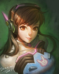 Rule 34 | 1girl, animal print, armor, artist name, blue bodysuit, bodysuit, breasts, brown eyes, brown hair, closed mouth, d.va (overwatch), dated, eyelashes, facepaint, facial mark, headphones, highres, long hair, looking at viewer, medium breasts, nose, overwatch, overwatch 1, pauldrons, pilot suit, pink lips, rabbit print, ribbed bodysuit, shoulder armor, shoulder pads, signature, skin tight, small breasts, smile, solo, sommimi, turtleneck, upper body, whisker markings