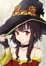 1girl black_choker blush brown_hair choker closed_mouth collarbone fingerless_gloves gloves hat highres kajino_(aosansai) kono_subarashii_sekai_ni_shukufuku_wo! looking_at_viewer megumin red_eyes short_hair_with_long_locks smile solo witch_hat