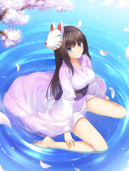 Rule 34 | 1girl, bare legs, barefoot, blue eyes, brown hair, cherry blossoms, face, feet, fox mask, from above, japanese clothes, kimono, legs, looking at viewer, looking up, mask, original, partially submerged, petals, ripples, sitting, solo, toes, wariza, water, yanagi (tsukiakari)