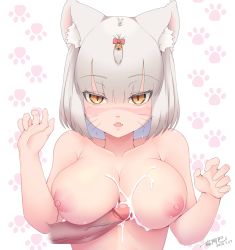 Rule 34 | 1girl, animal ear fluff, bell, bow, breasts, claw pose, collarbone, commentary request, cum, cum on body, cum on breasts, cum on upper body, dated, erection, fang, grey hair, hair bell, hair between eyes, hair bow, hair ornament, hands up, has bad revision, has censored revision, highres, jingle bell, large breasts, lips, nekonyan (nekoworld), nipples, nude, orange eyes, original, paw print, penis, puffy nipples, revision, short hair, signature, simple background, slit pupils, solo focus, uncensored, upper body, veins, veiny penis, whiskers