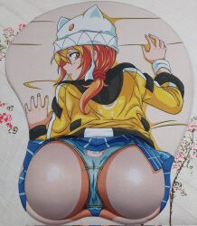 Rule 34 | 1girl, all fours, ass, bed, bent over, blue panties, blush, cameltoe, come hither, highres, hood, hoodie, huge ass, legs, looking at viewer, looking back, low twintails, mousepad, orange eyes, orange hair, original, panties, skirt, solo, thighs, twintails, underwear