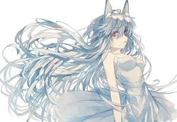 Rule 34 | 1girl, :o, ahoge, animal ear fluff, animal ears, breasts, cleavage, commentary request, cowboy shot, deep (deep4946), dress, grey dress, hair between eyes, highres, long hair, looking at viewer, medium breasts, open mouth, original, pale skin, red eyes, silver hair, simple background, sleeveless, sleeveless dress, solo, sundress, very long hair, white background