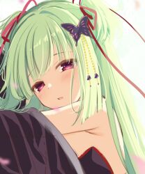 Rule 34 | 1girl, bare shoulders, black sleeves, bloom, blunt bangs, blush, breasts, butterfly hair ornament, cariboy, commentary, detached sleeves, eyelashes, furrowed brow, green hair, hair ornament, hair ribbon, half-closed eyes, highres, hime cut, long hair, looking at viewer, lying, murasame (senren), on side, open mouth, profile, red eyes, red ribbon, ribbon, senren banka, sidelocks, simple background, sleepy, small breasts, solo, two side up, white background, wide sleeves