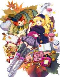 Rule 34 | 2girls, acorn, argyle, argyle clothes, argyle legwear, bad id, bad pixiv id, blonde hair, book, boots, box, box of chocolates, cherrypin, chocolate, colorful, cookie, cross-laced footwear, food, garter straps, hairband, jar, kneehighs, lace-up boots, leaf, lolita hairband, long hair, lying, mary janes, multiple girls, on back, on stomach, open book, original, pastry, patterned, shoes, short hair, simple background, socks, thighhighs, white legwear