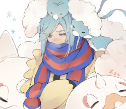 Rule 34 | 1boy, altaria, blue mittens, blue scarf, blush, cetoddle, closed mouth, commentary request, creatures (company), game freak, gen 3 pokemon, green eyes, green hair, grusha (pokemon), jacket, looking down, male focus, mittens, nintendo, on head, poke ball print, pokemon, pokemon (creature), pokemon on head, pokemon sv, scarf, serirari, sleeping, striped clothes, striped scarf, swablu, twitter username, watermark, yellow jacket, zzz
